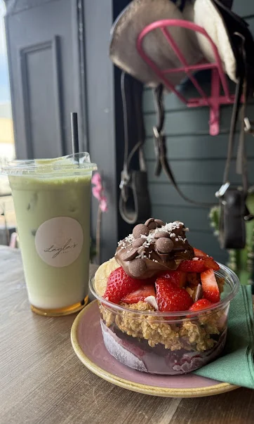 Iced matcha latte at Layla's Lounge