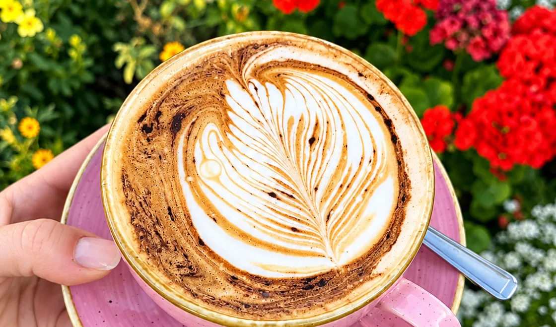 Latte art in the garden seating at Layla's Lounge